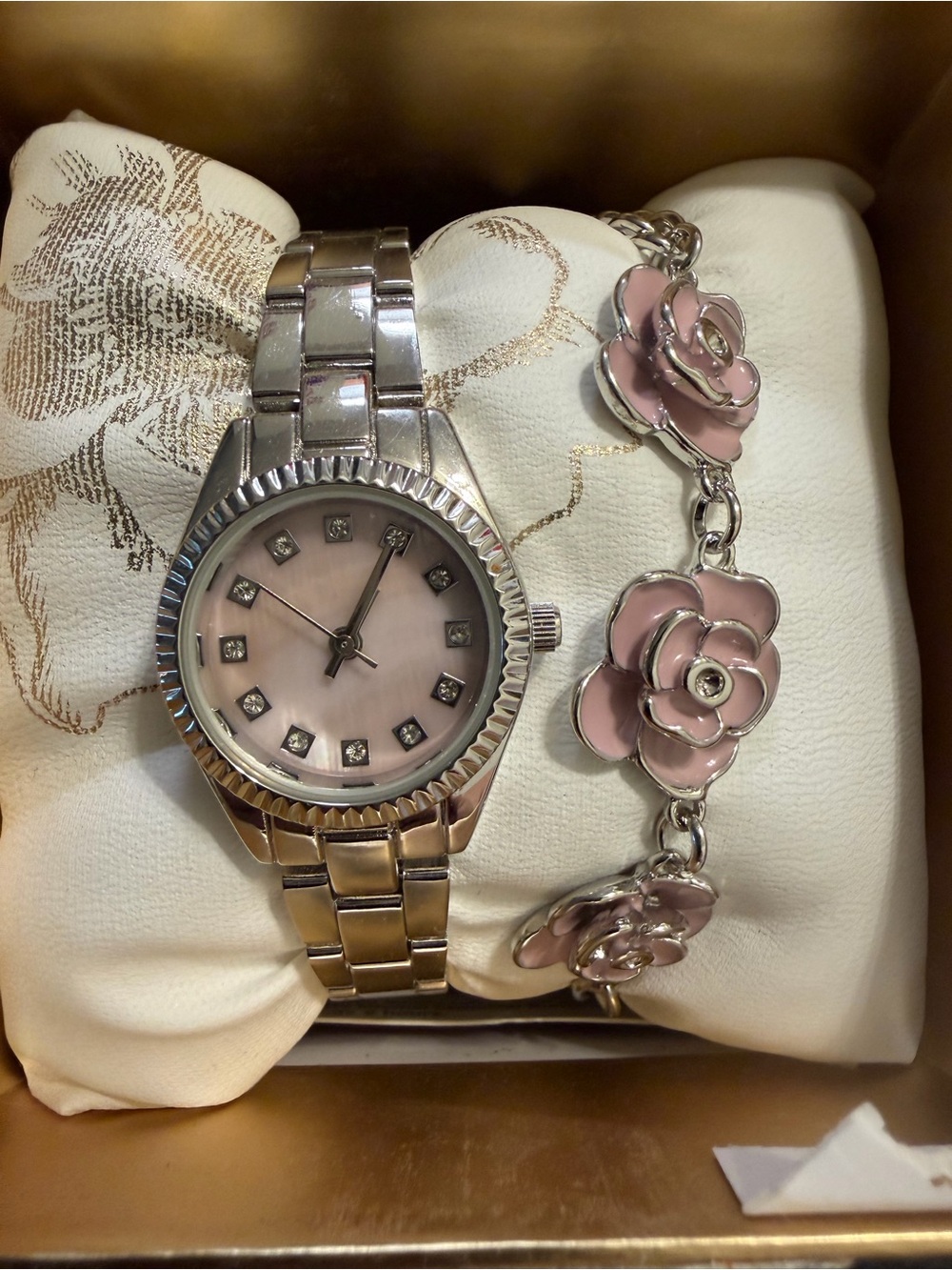 Women's Silver Watch with Pink Dial and Floral Bracelet